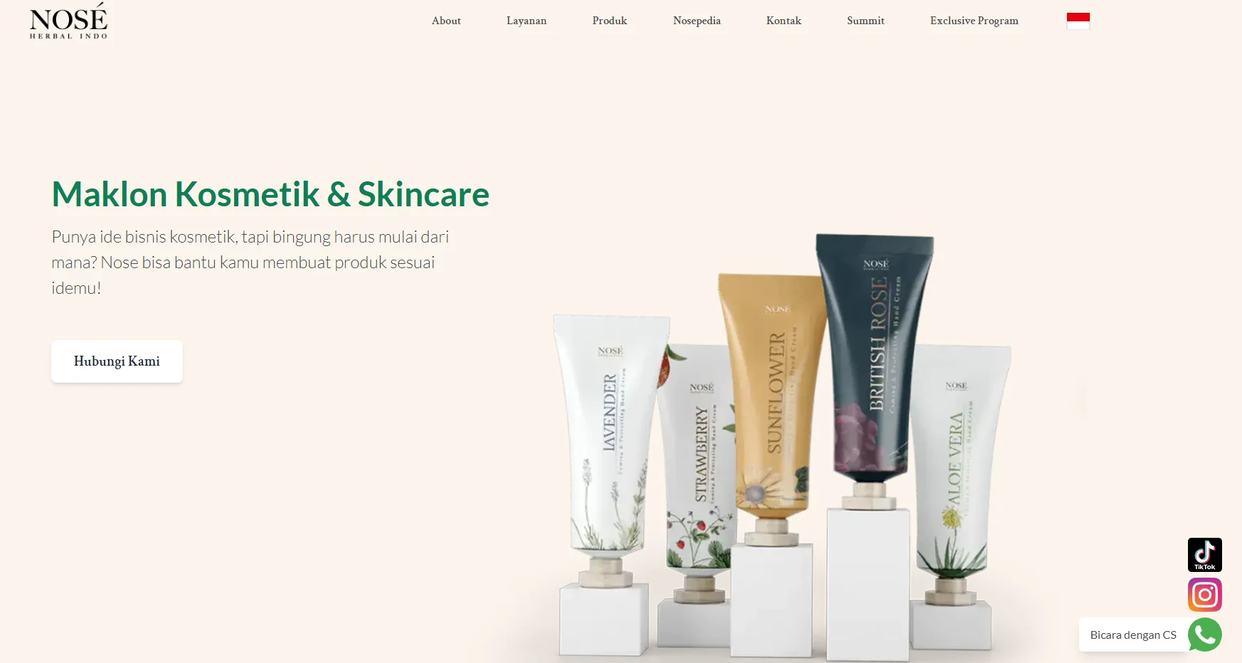 Display of Nose Herbal cosmetic products in tubes, featuring various scents like lavender, strawberry, and aloe vera.