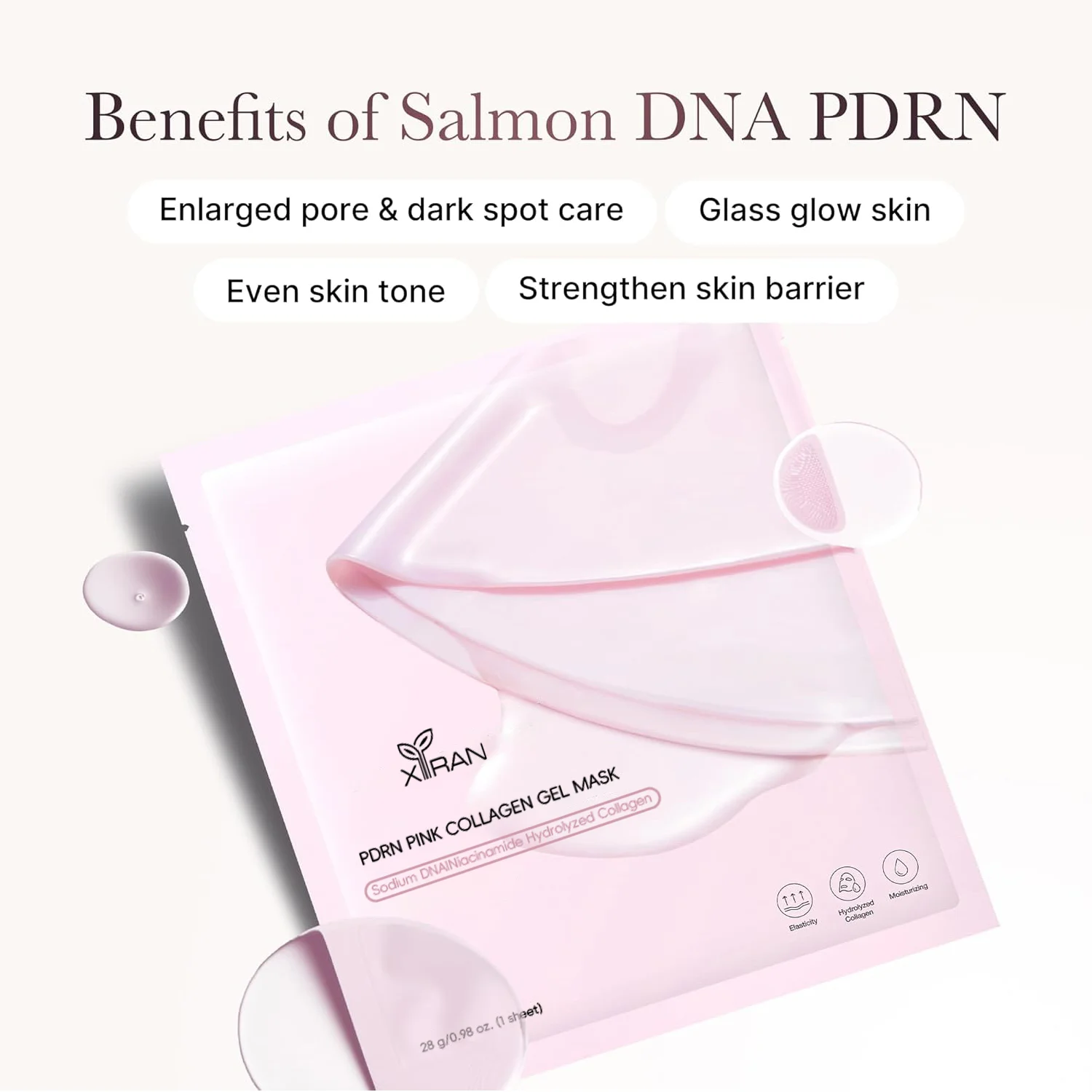 Gambar promosi yang menampilkan masker gel kolagen Xiran PDRN berwarna merah muda dengan manfaat seperti perawatan pori-pori, warna kulit merata, dan kulit bercahaya.