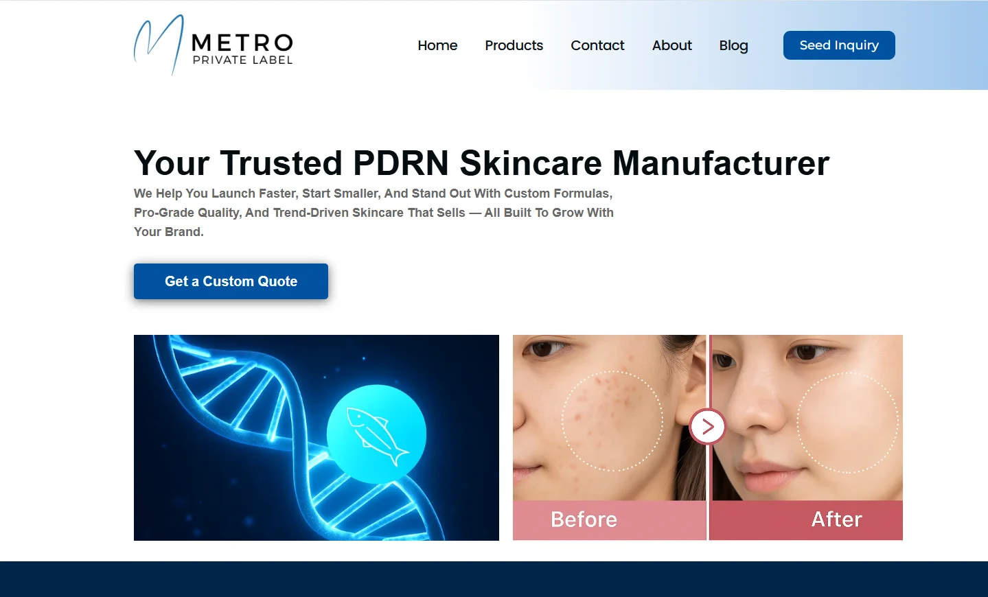 Metro Private Label homepage with a focus on PDRN skincare manufacturing, featuring a DNA illustration and an invitation to get a custom quote.