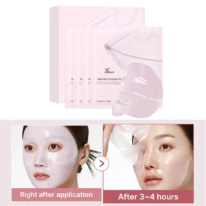 Pink collagen gel mask pack from XIRAN with application and removal showing a transparent mask being applied and removed.