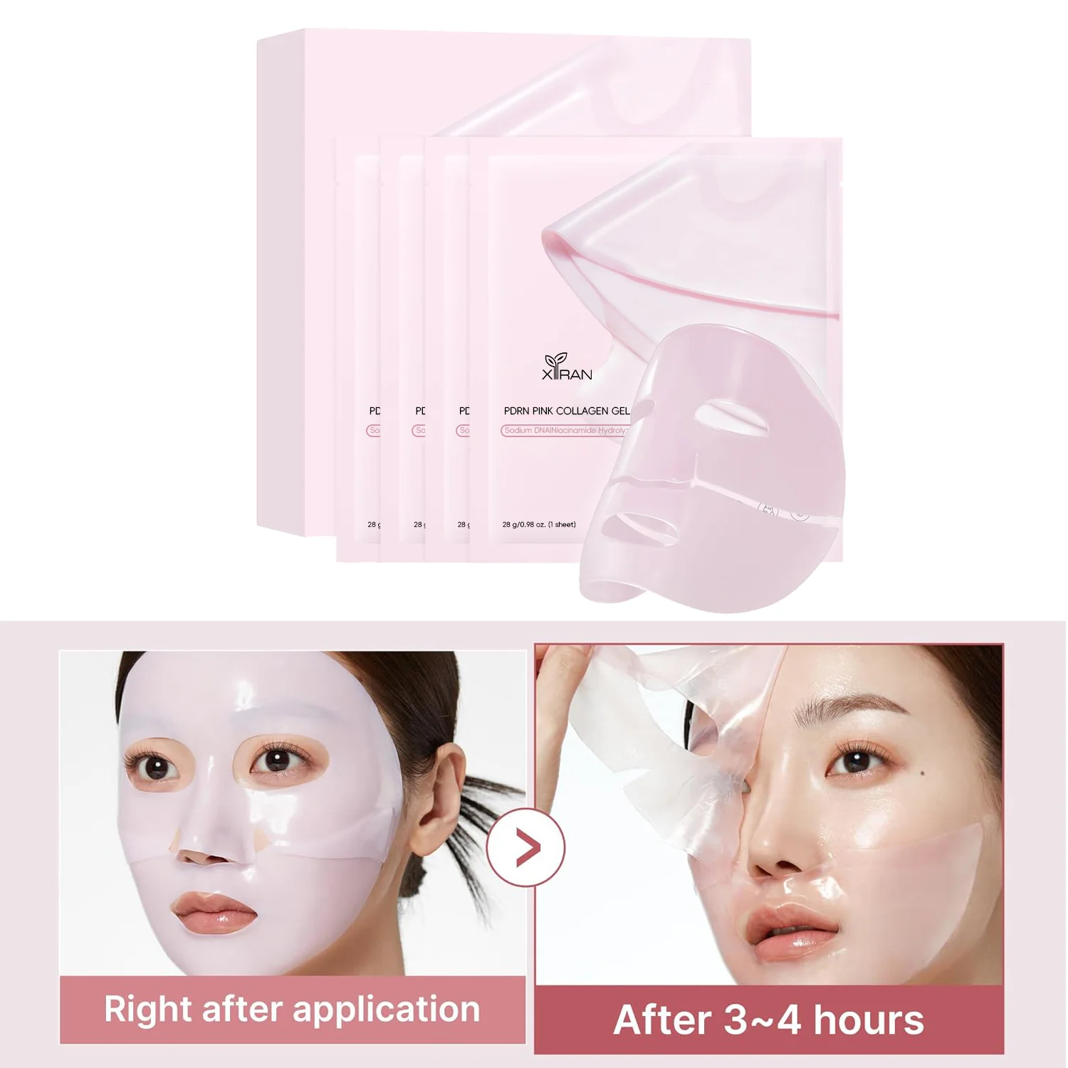 Pink collagen gel mask pack from XIRAN with application and removal showing a transparent mask being applied and removed.