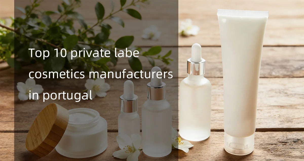 Assorted private label skincare products on a wooden surface with text about top 10 manufacturers in Portugal.