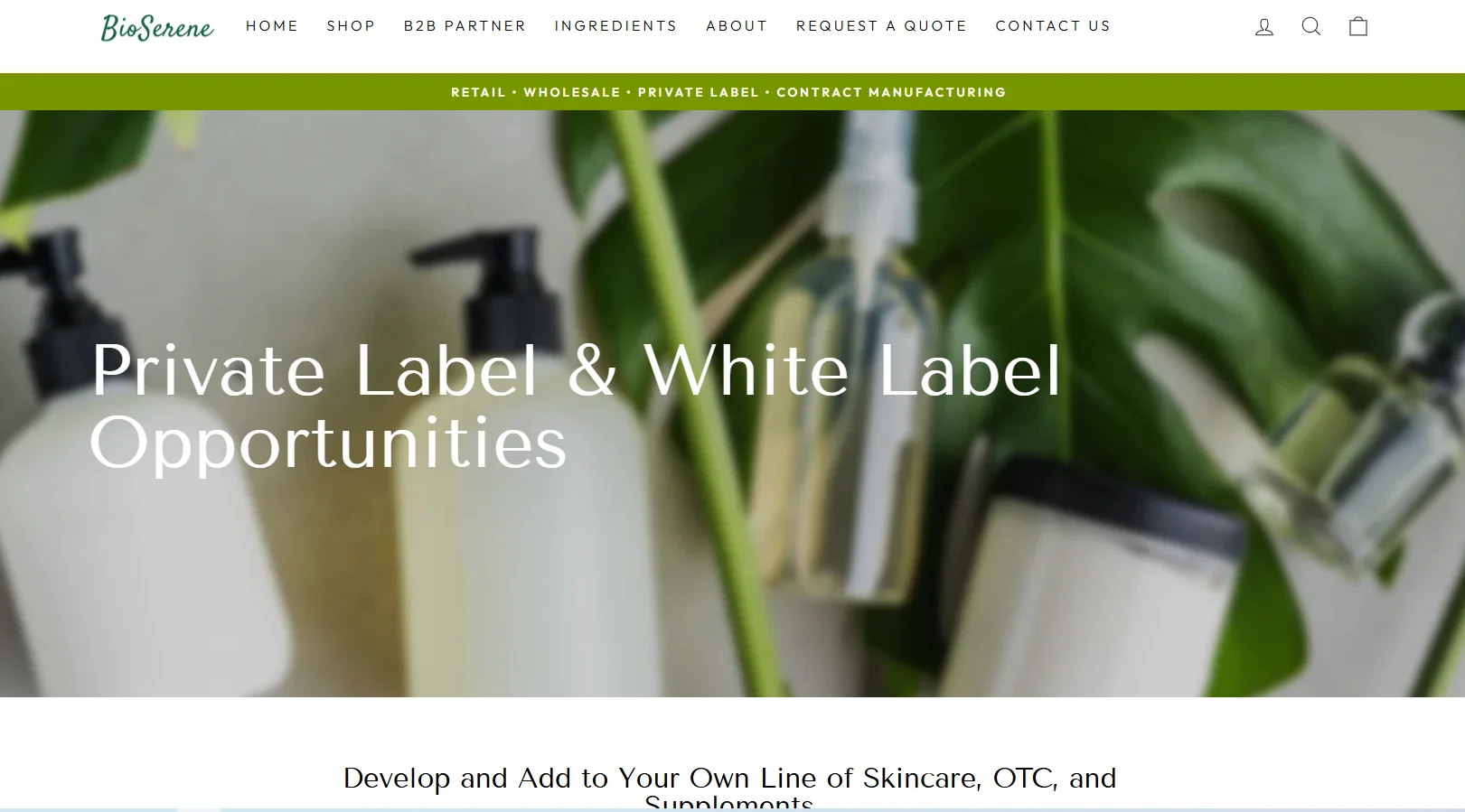 Private label and white label opportunities displayed with bottles and green leaves in the background.