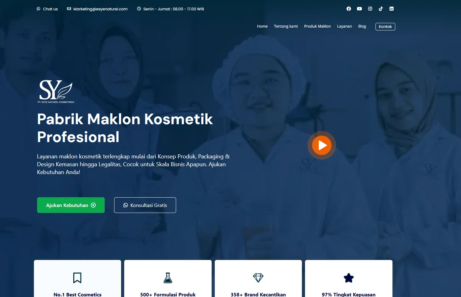 Banner for a professional cosmetic factory displaying services and contact information. Includes a call-to-action button.