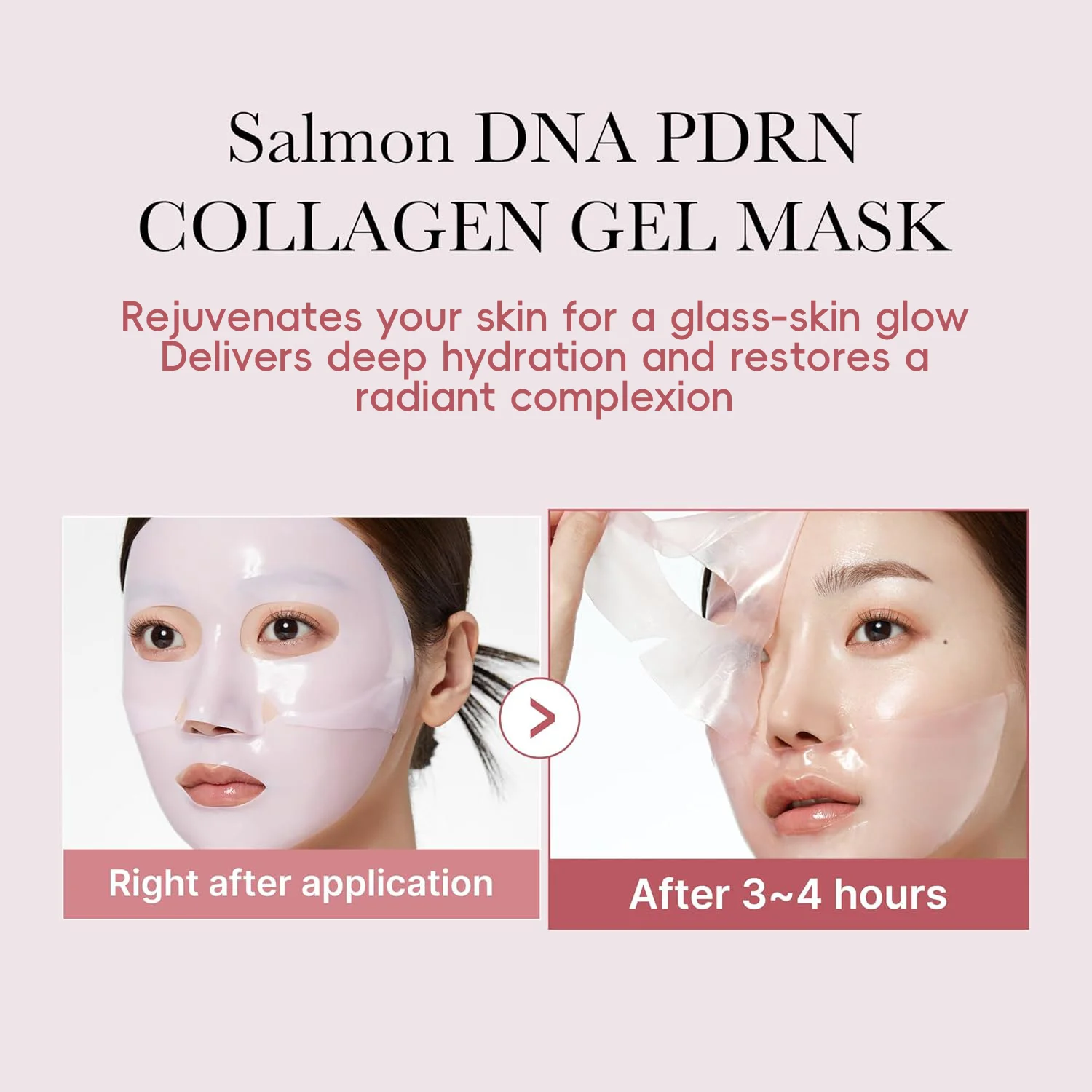 Text promoting salmon DNA PDRN collagen gel mask benefits, highlighting hydration and glowing skin with before and after use timeline.