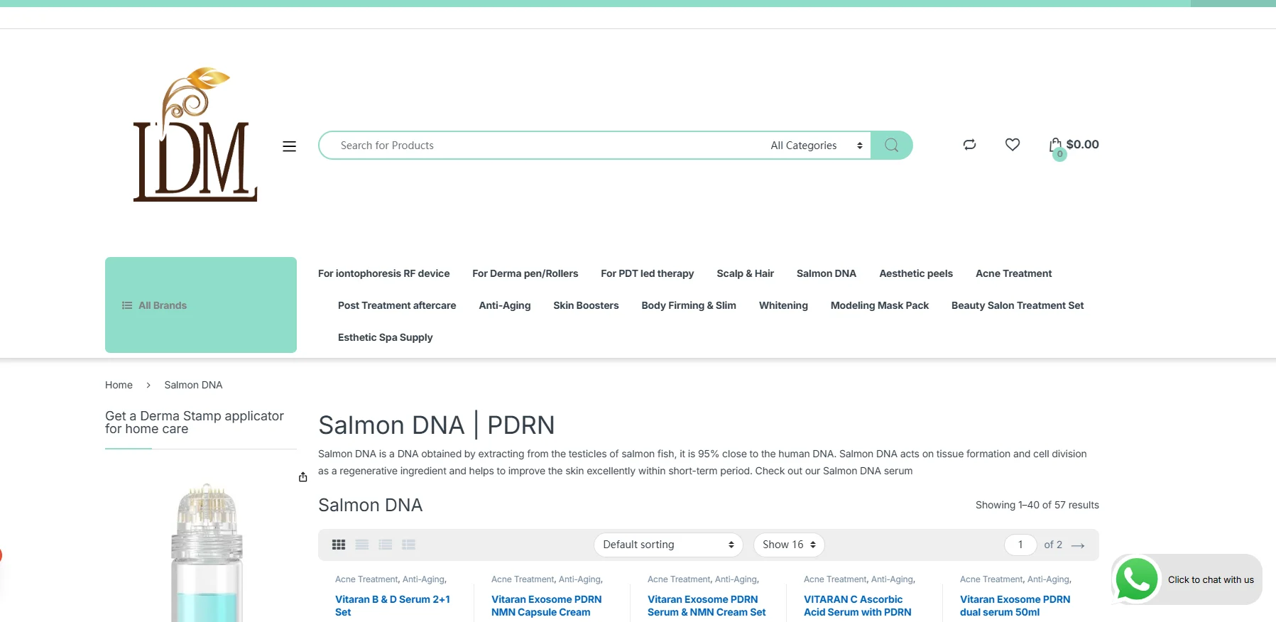 Website page featuring salmon DNA products and skincare treatments with a focus on anti-aging and skin rejuvenation.
