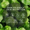 Graphic with green leaves background highlighting skin-friendly nutrition benefits, including no aluminum, no alcohol, no baking soda, prebiotic-friendly, cruelty-free, vegan formula, naturally clean.