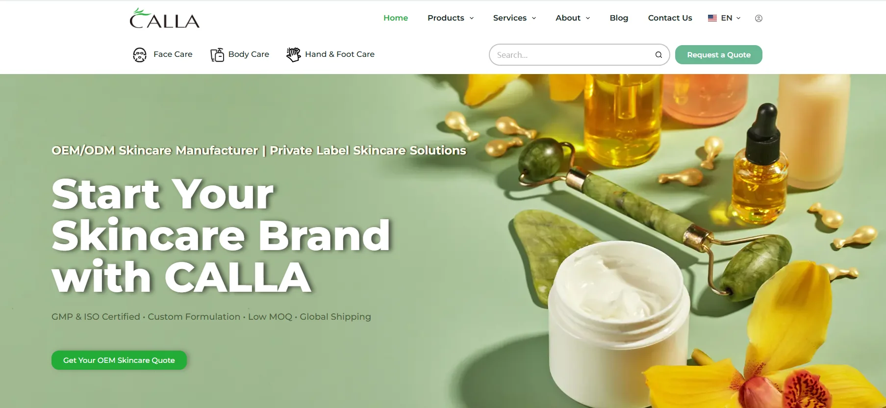CALLA skincare branding service with cream jar, jade roller, and oil bottles on green surface. Emphasizing OEM/ODM solutions.