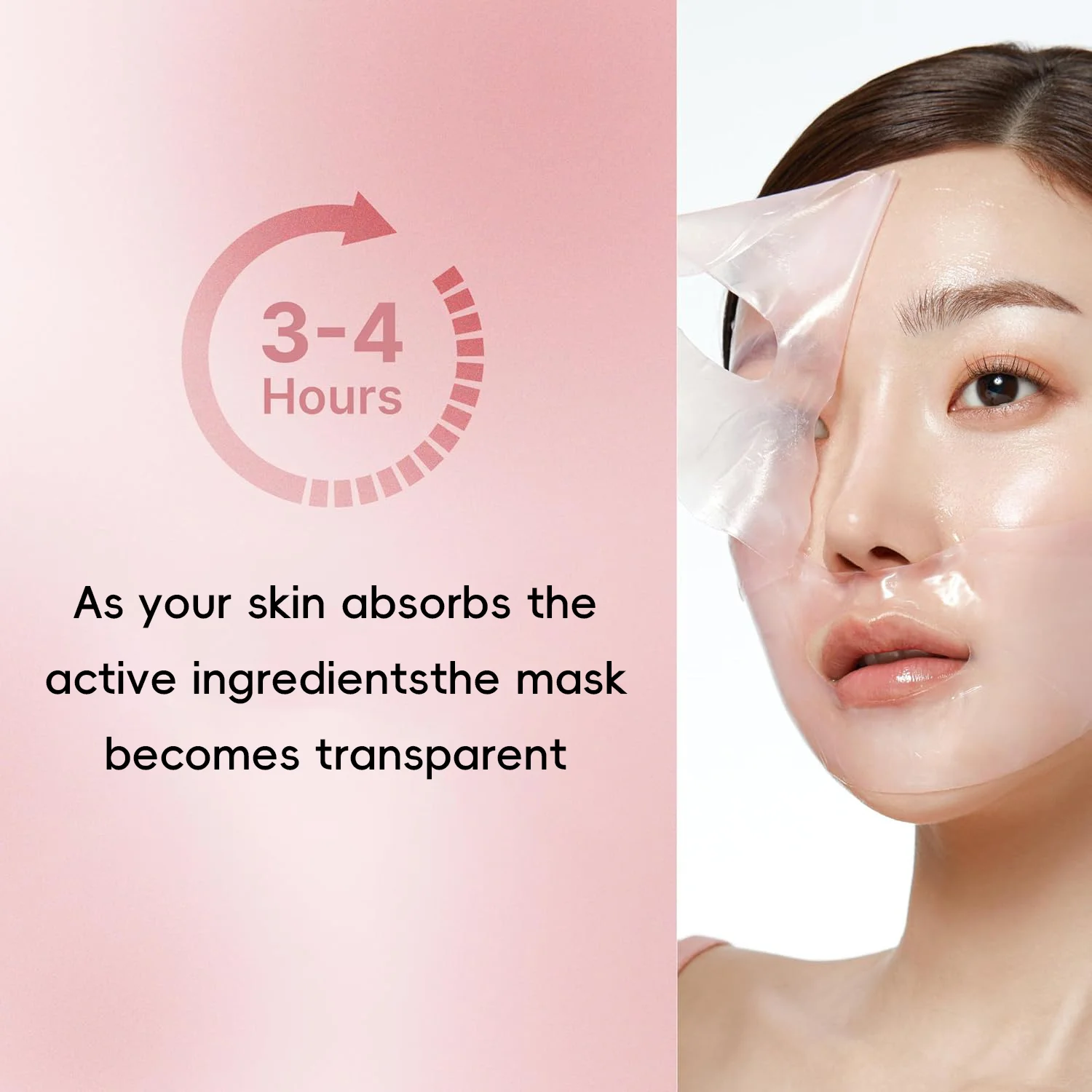 Diagram showing skincare mask absorption in 3-4 hours with text explaining the mask becomes transparent as skin absorbs active ingredients.