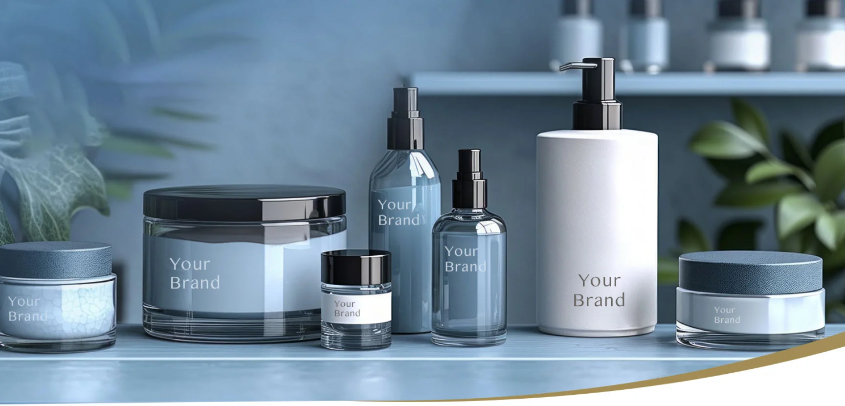 Assorted skincare products with blue and white packaging displayed on a surface, with plants in the background.