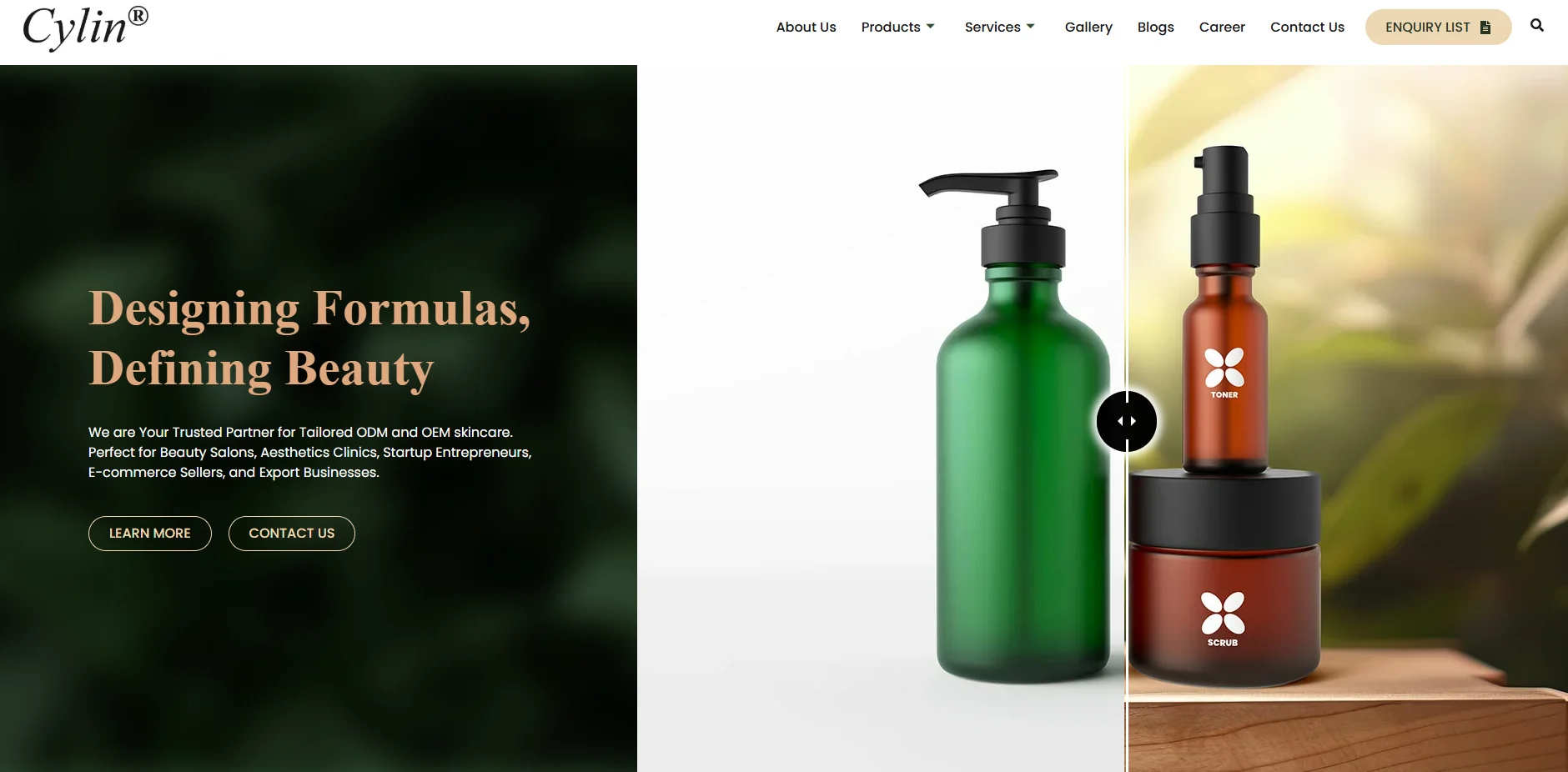 Green and amber bottles of skincare products displayed with text 'Designing Formulas, Defining Beauty'.