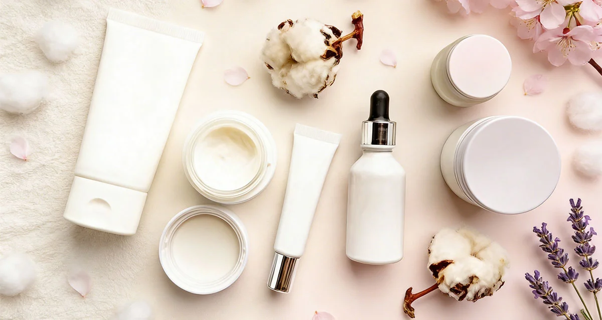 Assorted skincare products with cotton flowers and lavender sprigs arranged on a light surface.