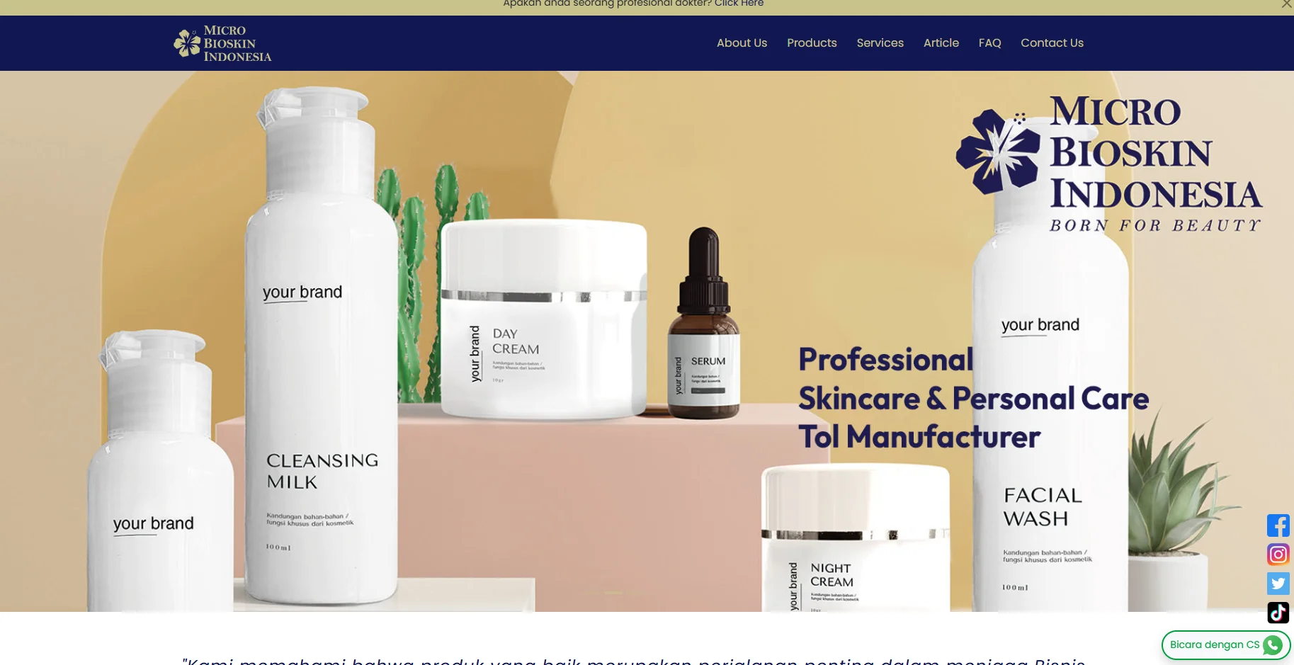 Skincare products including bottles and jars labeled 'your brand' displayed with plants and company logo for Micro Bioskincare Indonesia.