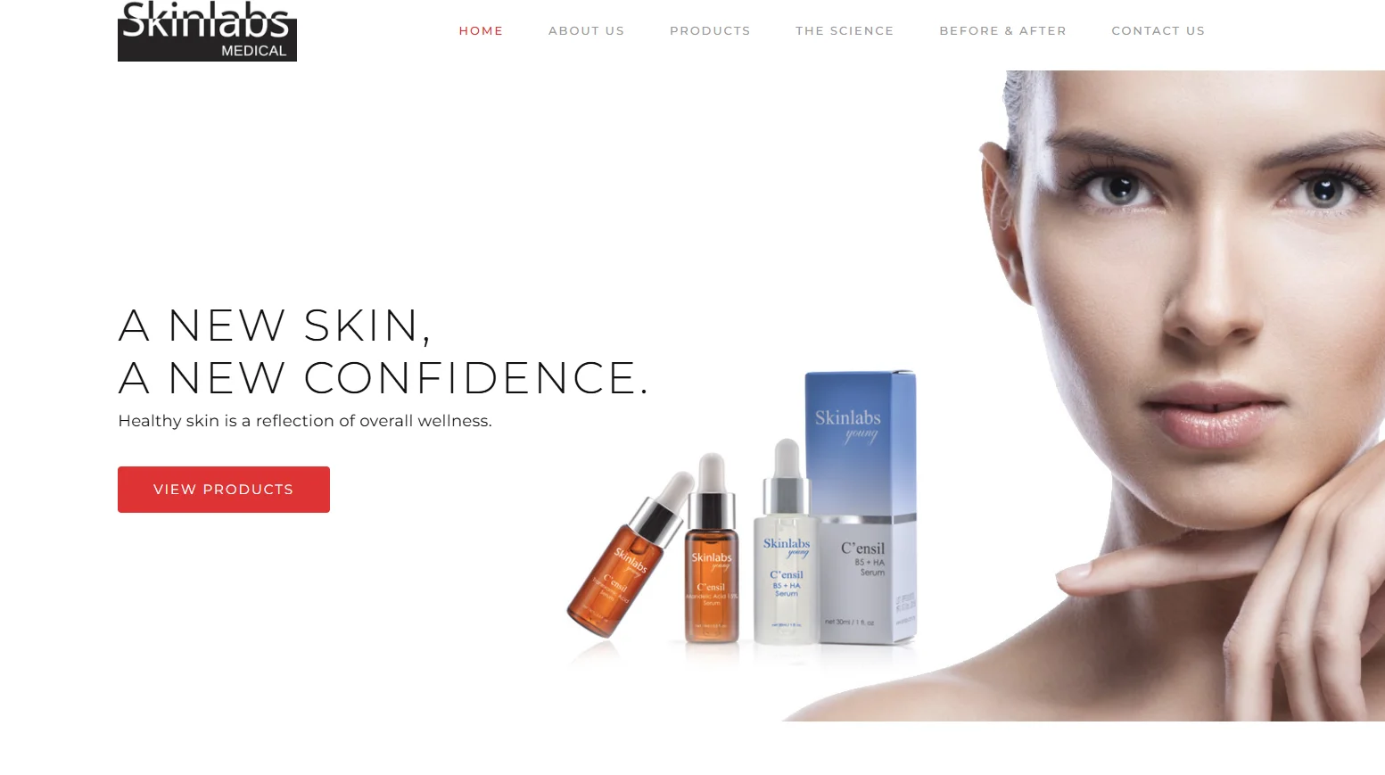 Skinlabs skincare product display featuring C'ensil serums beside promotional text highlighting healthy skin.