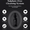 Promotional image for a sulfate-free cleansing serum highlighting features such as no alcohol, cruelty-free, vegan formula, no fragrance, no pigment, and naturally clean.