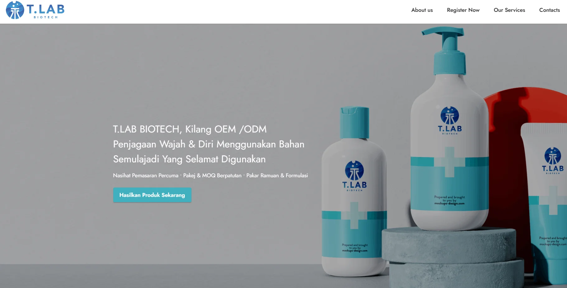 T.LAB Biotech promotional banner with skincare bottles showcasing product offerings.