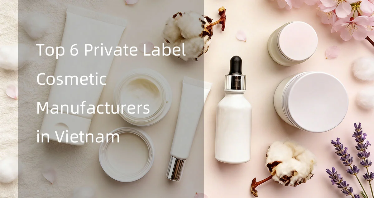 Cosmetic products with cotton flowers and lavender arranged on a light background, highlighting private label manufacturers in Vietnam.