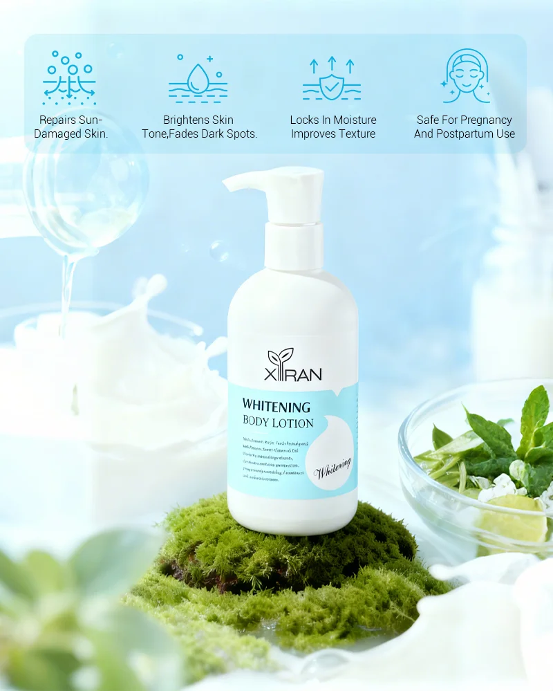 Botol Xiran Whitening Body Lotion diletakkan di atas lumut dengan manfaat yang ditonjolkan, termasuk perbaikan kulit, kecerahan, retensi kelembapan, dan keamanan untuk kehamilan.