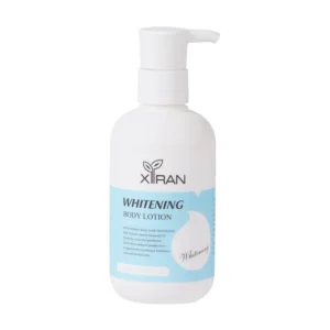 Bottle of XIRAN whitening body lotion with pump dispenser and blue label on a white background.