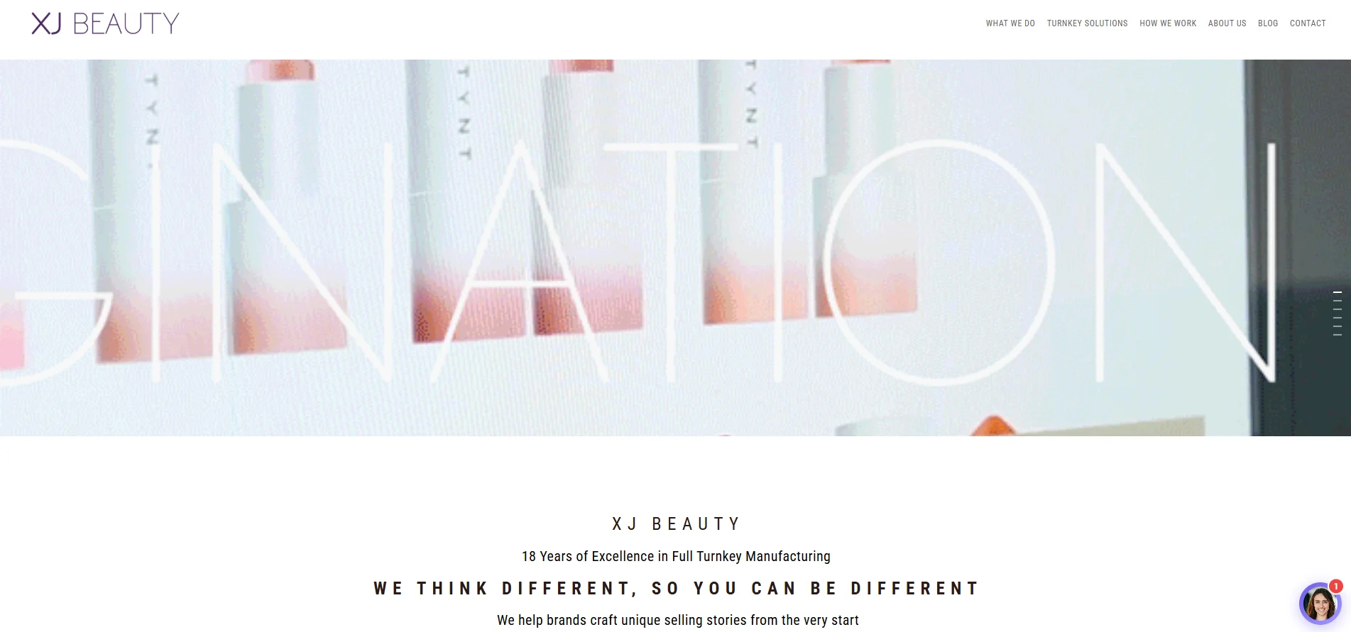 Homepage of XJ Beauty showcasing products and a tagline emphasizing 18 years of excellence in turnkey manufacturing.