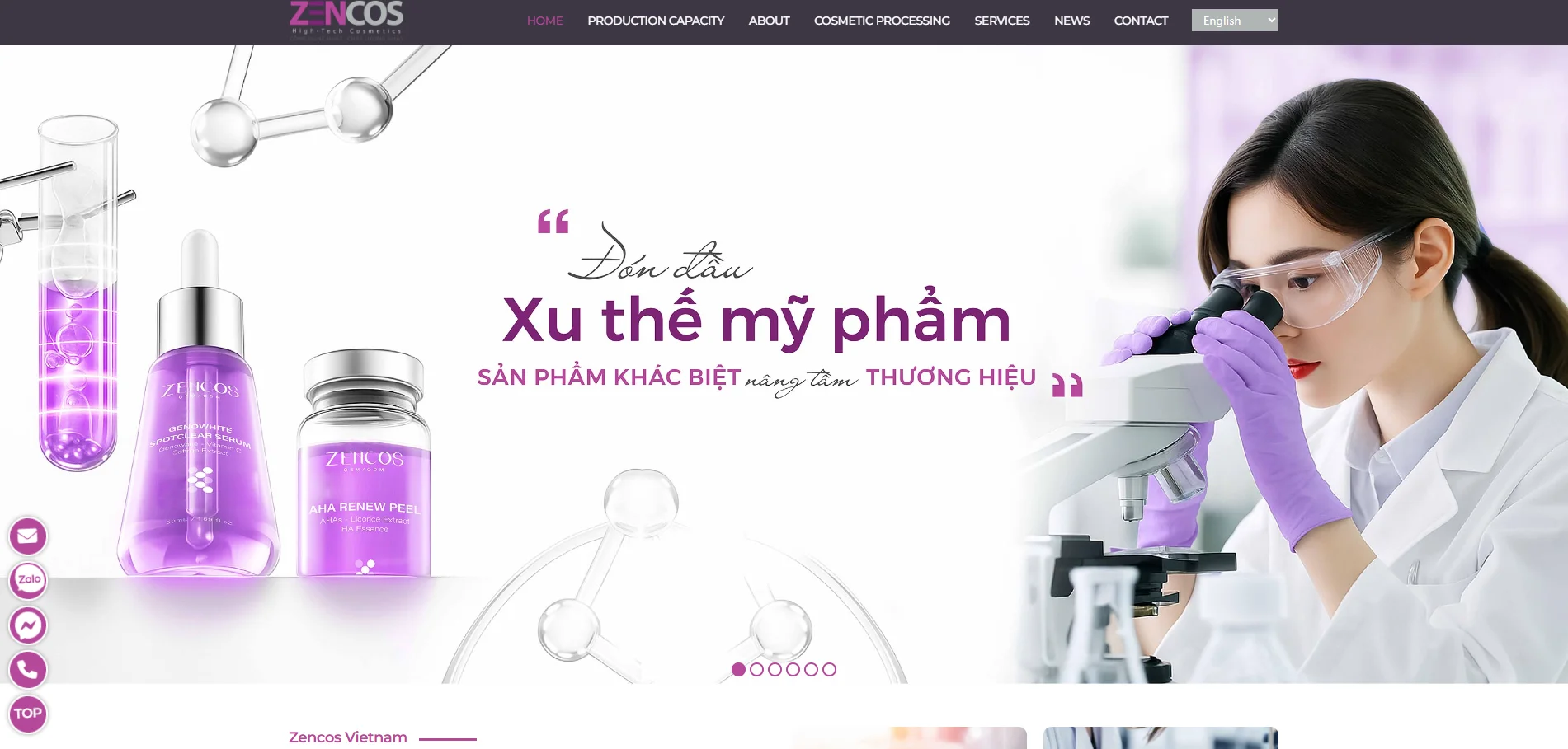 Zencos cosmetic products including spot clear serum and renew peel in a laboratory setting, with molecular models and purple theme.