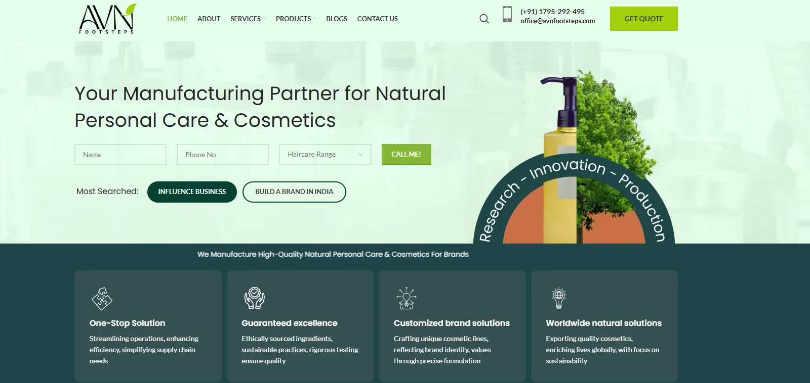 AVN Footsteps website showing services for natural personal care and cosmetics manufacturing. Includes contact options and service highlights.