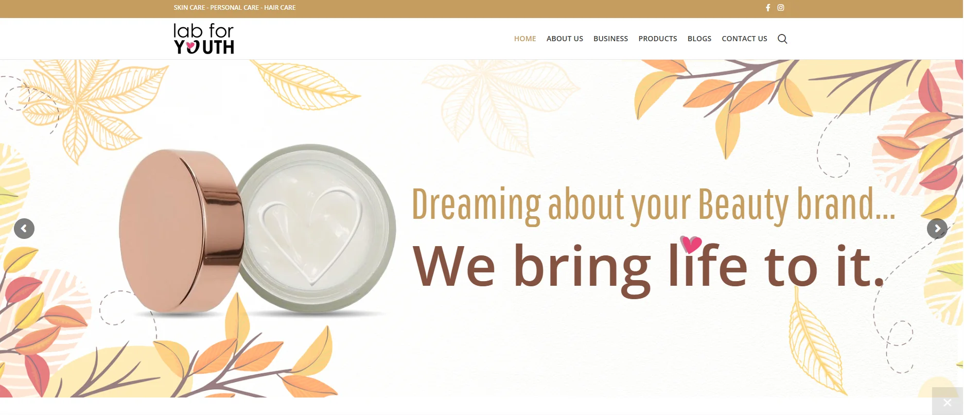 Promotional banner for a beauty brand with a cream jar, logo for 'lab for YOUTH', and slogan 'Dreaming about your Beauty brand... We bring life to it.', decorated with autumn leaves.