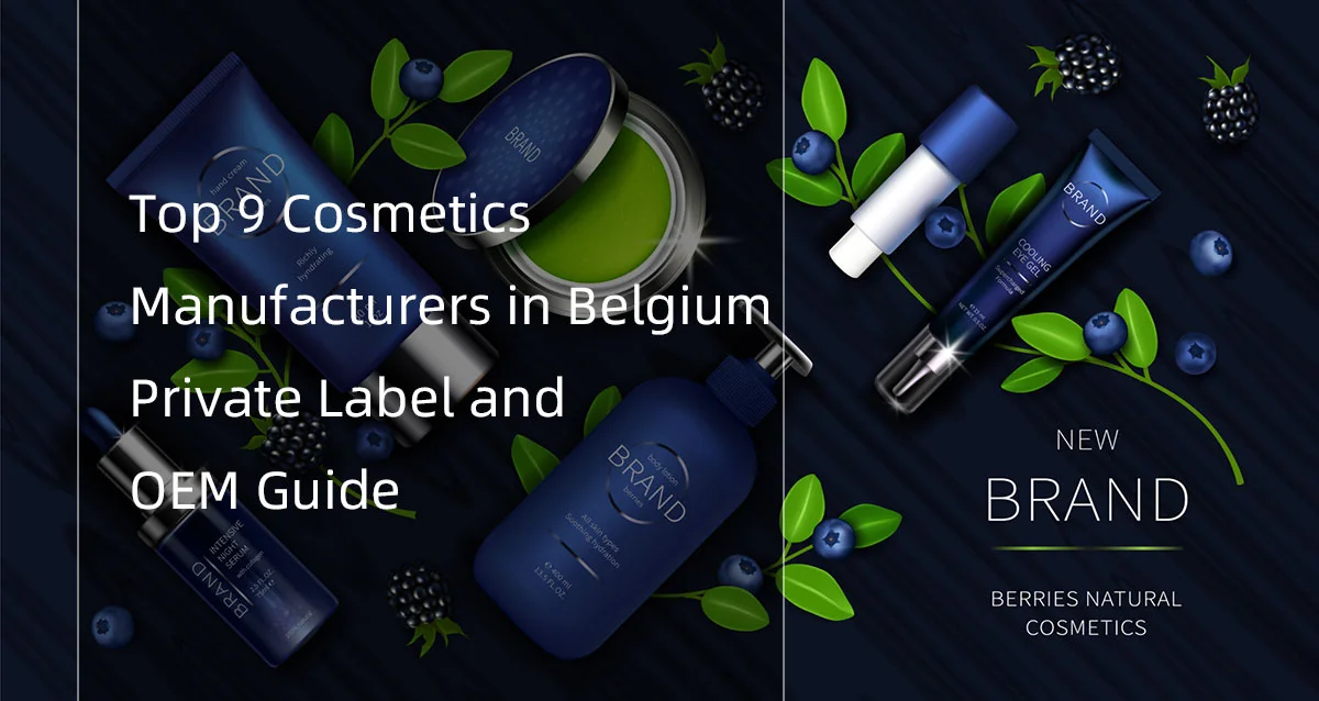 Various cosmetic products with berries and green leaves, promoting top cosmetics manufacturers in Belgium for private label and OEM.