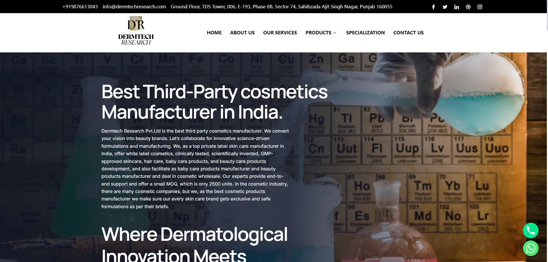 Homepage of a cosmetics manufacturer in India featuring company details and contact information over a periodic table background.