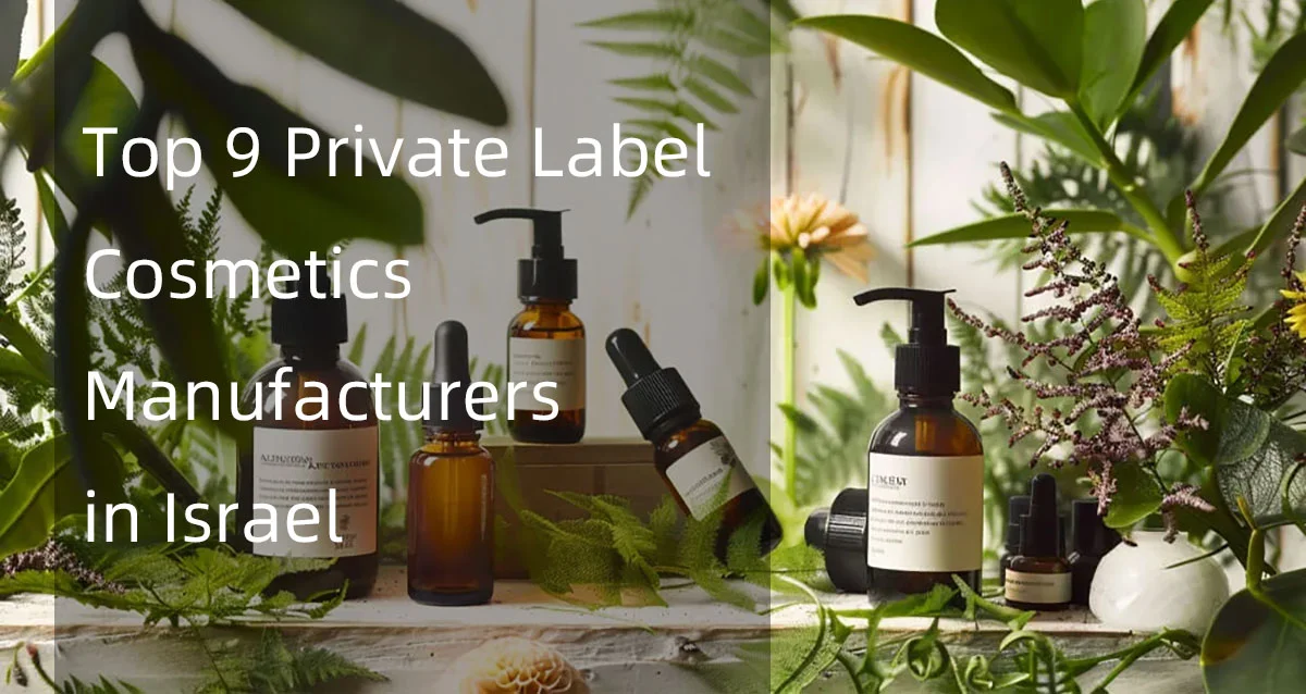 Cosmetic bottles surrounded by plants, highlighting private label cosmetics manufacturers in Israel.