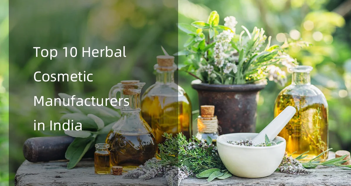 Herbal ingredients displayed with oils and cosmetics, highlighting top herbal cosmetic manufacturers in India.