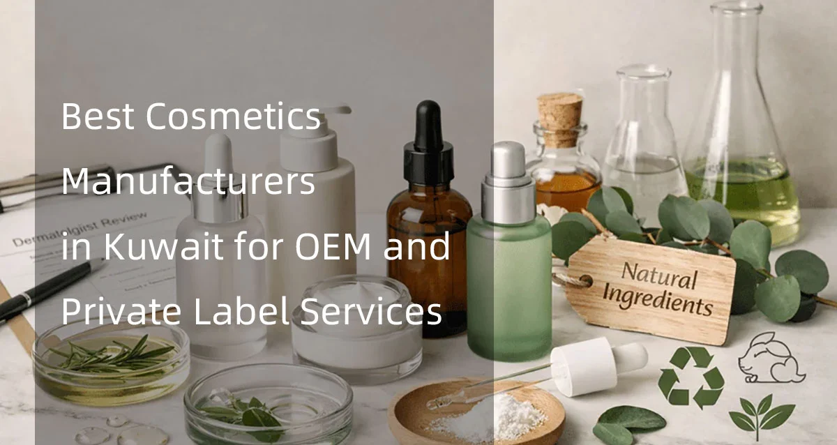 Various skincare containers with natural ingredient labels highlighting cosmetics manufacturers in Kuwait for OEM services.