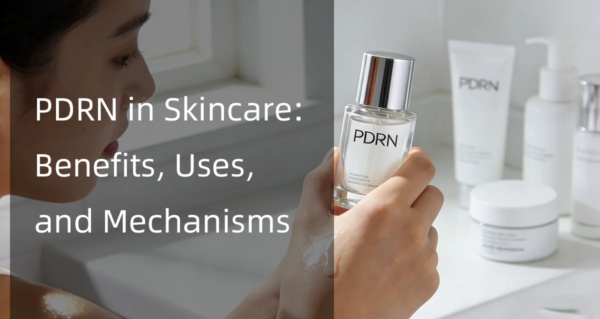 Hand holding PDRN skincare bottle with various products in the background, showcasing skincare benefits.