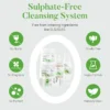 Sulphate-free cleansing system with product images and benefits like no alcohol, cruelty-free, no fragrance, vegan formula, no pigment, and naturally clean.