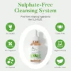 Sulphate-free cleansing serum bottle with features: no alcohol, no fragrance, no pigment, cruelty free, vegan formula, naturally clean.