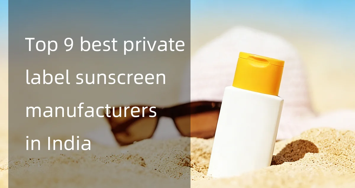 Sunscreen bottle with yellow cap on sand, sunglasses and hat in background, with text about private label sunscreen manufacturers in India.