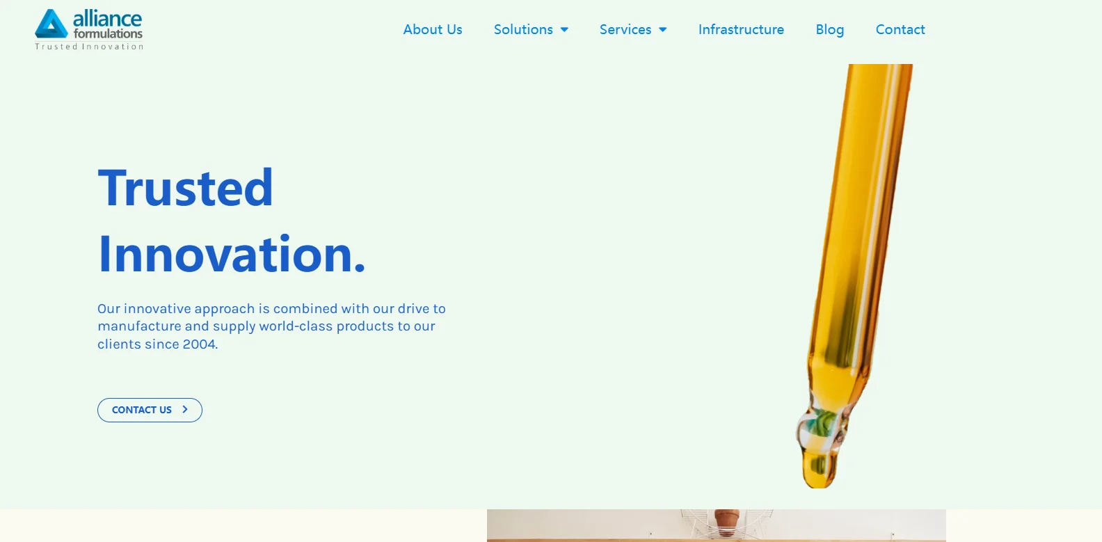 Homepage banner for Alliance Formulations featuring text 'Trusted Innovation' and a droplet of liquid in a pipette.
