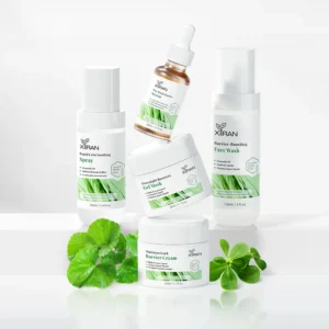 A variety of XIRAN skincare products including face wash, serum, gel mask, barrier cream, and calming spray arranged with green leaves.