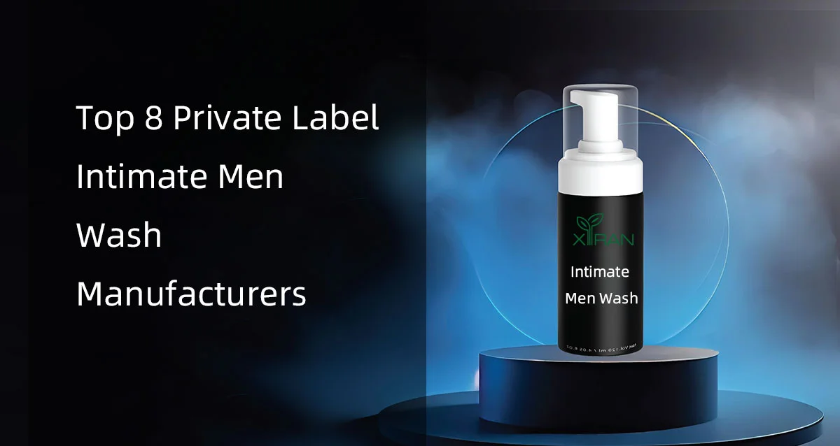 Foaming bottle labeled 'Intimate Men Wash' on a podium with text about top manufacturers.