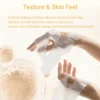 Hands holding a transparent hydrogel mask, illustrating its texture and moisturizing benefits, with beige background bubbles.