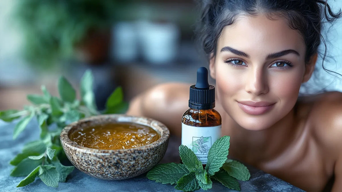 Herbal oil dropper bottle and bowl of honey with mint leaves, emphasizing natural skincare products.