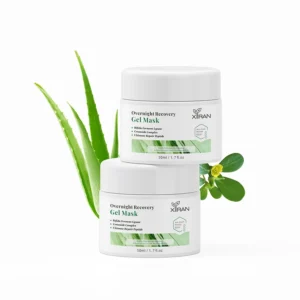 Two jars of Xiran Overnight Recovery Gel Mask with aloe and green leaves, labeled 50ml each.