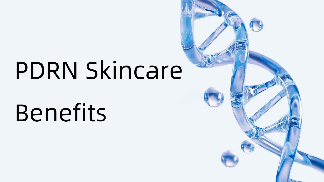 Visual representation of PDRN skincare benefits featuring a blue DNA helix design and water droplets on a white background.