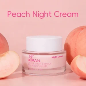 Jar of peach night cream with 70% peach extract and 5% niacinamide, set against a peach-colored background with fresh peaches.