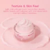 A jar of pale pink gel-cream night moisturizer with smooth texture on a pink background, highlighting its absorbent properties.