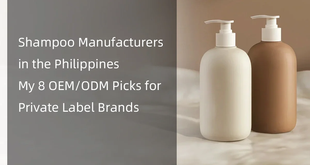 Two pump bottles on a soft surface with text discussing shampoo manufacturers in the Philippines and private label brand picks.