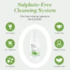 Bottle of sulphate-free cleansing spray surrounded by icons indicating no alcohol, no fragrance, no pigment, cruelty-free, vegan formula, and naturally clean.