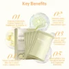Super moisture hydrogel face mask packaging with key benefits listed, emphasizing hydration, moisture, calming effect, brightness, and elasticity.