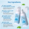 XIRAN face wash bottles with key ingredients including triple ceramides, sodium hyaluronate, centella asiatica, and amino acid system.
