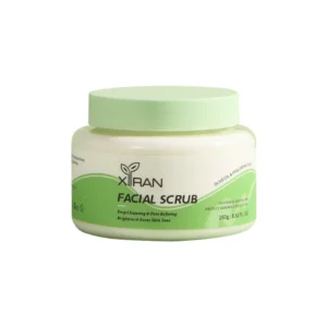 XIRAN facial scrub jar with green lid, labeled for deep cleansing and pore refining with olive oil and hyaluronic acid, 250g.